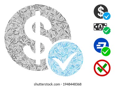 Line Collage akzeptieren Zahlungssymbol, das aus linearen Elementen in zufälligen Größen und Farbtönen erstellt wurde. Zeilenbestandteile werden in abstrakte Vektorgrafik-Collage organisiert und akzeptieren das Zahlungssymbol. Bonussymbole werden platziert.