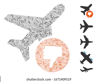 Line Collage based on airplane fail icon. Mosaic vector airplane fail is created with scattered line spots. Bonus icons are added.