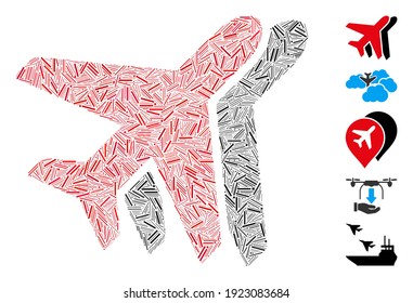 Line Collage based on airplanes icon. Mosaic vector airplanes is formed with scattered line items. Bonus icons are added.
