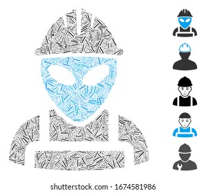 Line Collage based on alien worker icon. Mosaic vector alien worker is created with scattered line dots. Bonus icons are added.