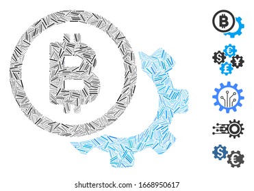 Collage de línea basado en el icono de cog de opciones Bitcoin. El cog de opciones de bitcoin vector mosaico se compone de elementos de línea dispersos. Se agregan iconos de bonificación.