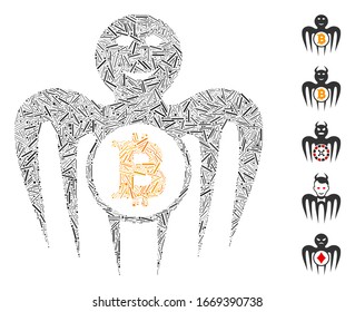 Line Collage based on Bitcoin happy monster icon. Mosaic vector Bitcoin happy monster is created with random line items. Bonus icons are added.