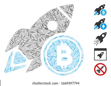 Line Collage based on Bitcoin rocket icon. Mosaic vector Bitcoin rocket is composed with randomized line dots. Bonus icons are added.