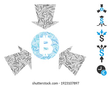 Line Collage based on Bitcoin collect arrows icon. Mosaic vector Bitcoin collect arrows is formed with random line items. Bonus icons are added.