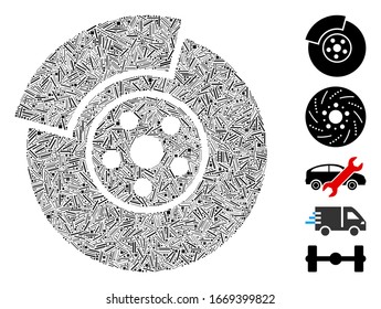 Collage de línea basado en el icono de frenos de camión. Los frenos de camión vectorial mosaico están diseñados con puntos de línea aleatorios. Se agregan iconos de bonificación.