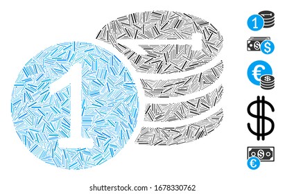 Line Collage based on coins icon. Mosaic vector coins is formed with scattered line dots. Bonus icons are added.