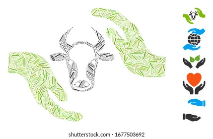 Line Collage based on cow protection hands icon. Mosaic vector cow protection hands is formed with random line dots. Bonus icons are added.