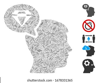 Collage de línea basado en el icono de pensamiento de diamante. El pensamiento del diamante vector mosaico se forma con puntos de línea dispersos. Se agregan iconos de bonificación.