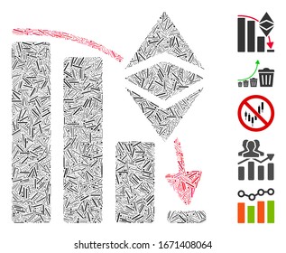 Collage de línea basado en el icono del gráfico de caída clásico de etéreo. El gráfico de caída clásico del etéreo vectorial mosaico se compone de elementos de línea aleatorizados. Se agregan iconos de bonificación.