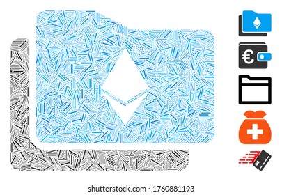 Collage de línea basado en el icono de la cartera Ethereum. La cartera de vector mosaico Ethereum se compone de elementos de línea aleatorizados. Se agregan iconos de bonificación.