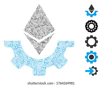 Collage de línea basado en el icono de engranajes de la industria del etéreo. El equipo de la industria del etéreo vector mosaico se forma con elementos de línea dispersos. Se agregan iconos de bonificación.