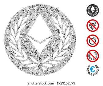 Line Collage based on Ethereum laurel coin icon. Mosaic vector Ethereum laurel coin is formed with randomized line spots. Bonus icons are added.