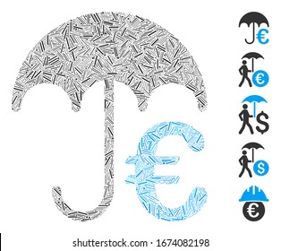 Line Collage basierend auf Euro-Schirm-Symbol. Mosaik Vektorillustration Euro Regenschirm ist mit Zufallselementen erstellt. Bonussymbole werden hinzugefügt.