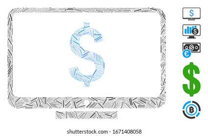Line Collage based on financial monitoring icon. Mosaic vector financial monitoring is formed with randomized line dots. Bonus icons are added.