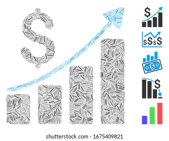 Line Collage based on financial bar chart icon. Mosaic vector financial bar chart is composed with random line dots. Bonus icons are added.