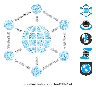 Line Collage based on global web icon. Mosaic vector global web is created with randomized line dots. Bonus icons are added.
