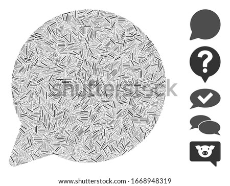 Line Collage based on hint balloon icon. Mosaic vector hint balloon is composed with random line dots. Bonus icons are added.