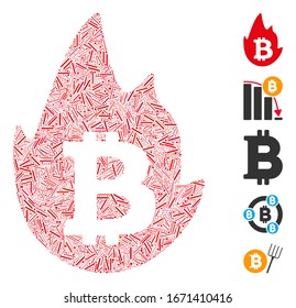 Collage de línea basado en el icono de bitcoin caliente. La bitcoin caliente vector mosaico se crea con puntos de línea aleatorizados. Se agregan iconos de bonificación.