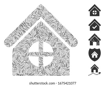 Line Collage based on house with round window icon. Mosaic vector house with round window is designed with randomized line items. Bonus icons are added.