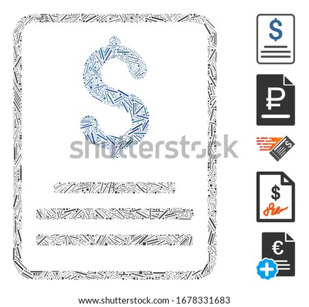 Line Collage based on invoice budget icon. Mosaic vector invoice budget is created with scattered line spots. Bonus icons are added.