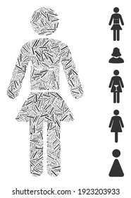Line Collage basierend auf Lady Icon. Mosaikvektordame besteht aus randomisierten Zeilenpunkten. Bonussymbole werden hinzugefügt.