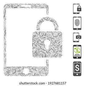 Collage de línea basado en el icono de bloqueo del smartphone. El smartphone de bloqueo de vector mosaico se forma con elementos de línea aleatorizados. Se agregan iconos de bonificación.