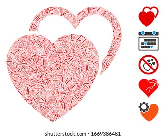 Line Collage based on love hearts icon. Mosaic vector love hearts is formed with random line spots. Bonus icons are added.
