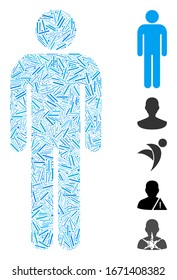 Line Collage based on man icon. Mosaic vector man is created with randomized line items. Bonus icons are added.