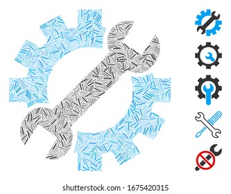 Line Collage basierend auf mechanischem Werkzeug Symbol. Die mechanischen Werkzeuge der Vektorillustration der Mosaike bestehen aus randomisierten Linienpunkten. Bonussymbole werden hinzugefügt.