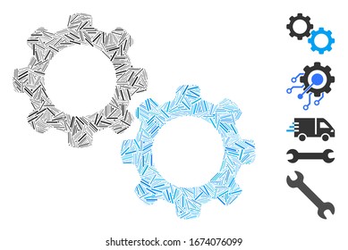 Collage de línea basado en el icono de los engranajes mecánicos. Los engranajes mecánicos vectoriales mosaicos se forman con elementos de línea aleatorizados. Se agregan iconos de bonificación.