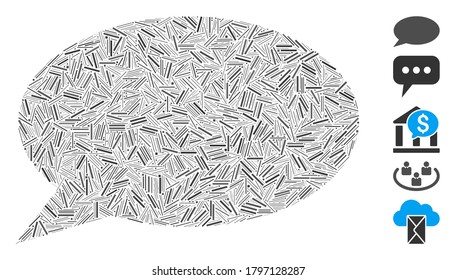 Line Collage based on message cloud icon. Mosaic vector message cloud is designed with random line spots. Bonus icons are added.