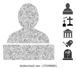 Collage de línea basado en el icono del monumento. El monumento al vector mosaico está diseñado con puntos de línea aleatorios. Se agregan iconos de bonificación.