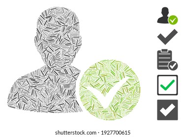 Line Collage based on patient OK icon. Mosaic vector patient OK is formed with randomized line spots. Bonus icons are added.
