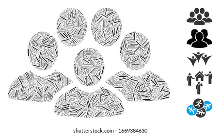 Line Collage based on people crowd icon. Mosaic vector people crowd is composed with scattered line spots. Bonus icons are added.