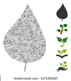 Collage de línea basado en el icono de hoja de planta. La hoja de planta vectorial mosaico está compuesta por puntos de línea aleatorios. Se agregan iconos de bonificación.