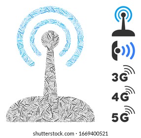 Line Collage based on radio joystick icon. Mosaic vector radio joystick is designed with scattered line spots. Bonus icons are added.