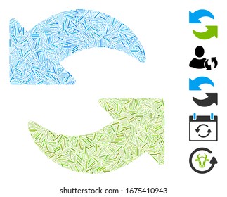 Line Collage based on refresh icon. Mosaic vector refresh is created with random line dots. Bonus icons are added.