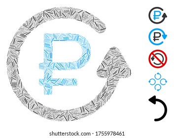 Collage de línea basado en el icono de devolución de cargas en rublos. El reenvío de rublos vectores mosaicos se compone de elementos de línea aleatorizados. Se agregan iconos de bonificación.