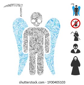 Line Collage based on scythe death angel icon. Mosaic vector scythe death angel is created with scattered line elements. Bonus icons are added.