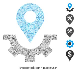 Line Collage based on service map marker icon. Mosaic vector service map marker is composed with randomized line spots. Bonus icons are added.