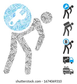 Line Collage basierend auf Service Kurier Symbol. Der Mosaik Vektorillustration Service Kurier wird mit verstreuten Linien gebildet. Bonussymbole werden hinzugefügt.