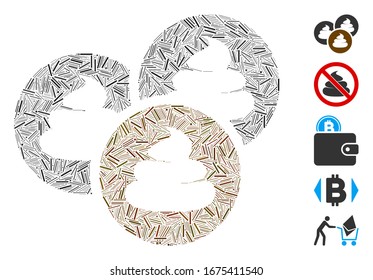 Collage de línea basado en el icono shitcoins. Las monedas vectoriales de mosaico están diseñadas con elementos de línea aleatorizados. Se agregan iconos de bonificación.