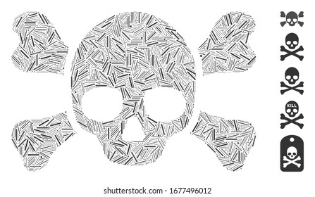 Line Collage based on skull crossbones icon. Mosaic vector skull crossbones is composed with random line elements. Bonus icons are added.