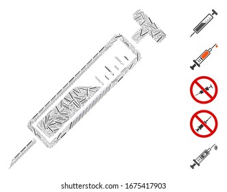 Line Collage based on syringe icon. Mosaic vector syringe is created with randomized line elements. Bonus icons are added.