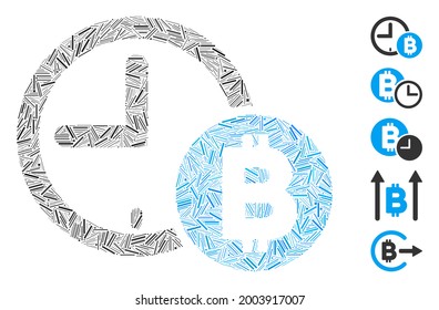 Line Collage Bitcoin Credit Clock Symbol aus geraden Elementen in verschiedenen Größen und Farbtönen. Vektorschraffuren werden in abstrakte Collage Bitcoin Credit Clock Icon eingeteilt.