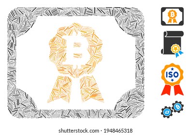 Line collage Bitcoin diploma icon organized from straight items in different sizes and color hues. Line items are composed into abstract vector collage Bitcoin diploma icon.