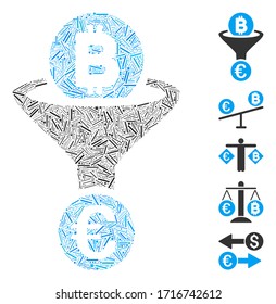 Line collage Bitcoin Euro conversion funnel icon united from straight elements in different sizes and color hues.