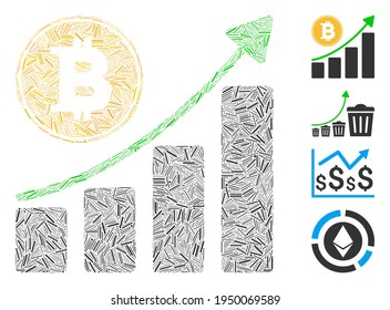 Line Collage Bitcoin Kulturdiagramm Symbol aus geraden Artikeln in verschiedenen Größen und Farbtönen. Lineare Elemente werden in abstrakte Vektorgrafik-Collage Bitcoin zusammengeführt, um Diagramm-Icon zu erstellen.
