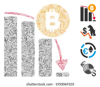 Line collage Bitcoin panic fall chart icon united from thin elements in various sizes and color hues. Irregular hatch elements are arranged into abstract vector collage Bitcoin panic fall chart icon.
