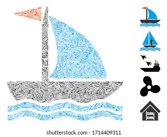 Line collage boat icon composed of narrow items in different sizes and color hues. Vector linear items are composed into abstract collage boat icon. Bonus pictograms are added.